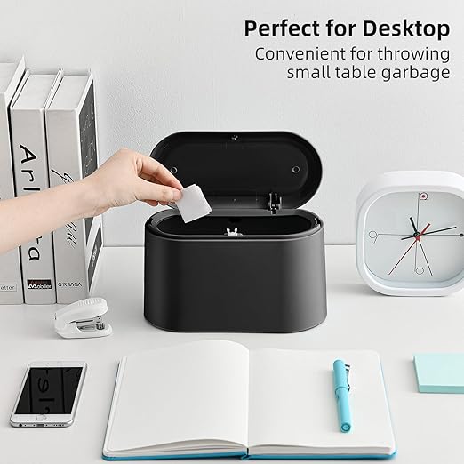 SUBEKYU 0.5 Gal Mini Countertop Trash Can with Lid for Desktop, Small Garbage Can for Office, Tiny Wastebasket, Plastic,Black
