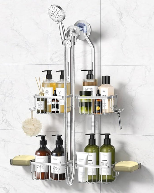 Adjustable Shower Caddy Hanging - Never Rust Shower Organizer Hanging, Aluminum Shower Racks for Inside Shower - Bathroom Organizers and Storage with 2 Soap Holders and 2 Removable Hooks, Silver