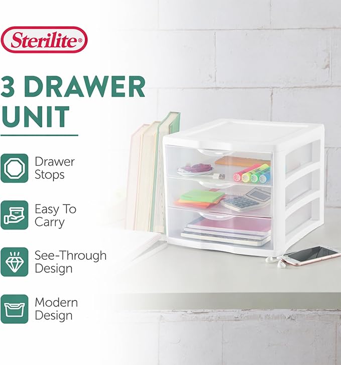 Sterilite 12-Pack Clearview 3-Drawer Cart, Small Plastic Storage Organizer Drawers, White - Organizing Drawer Containers for Bathroom, Closet, Kitchen, and Bedroom