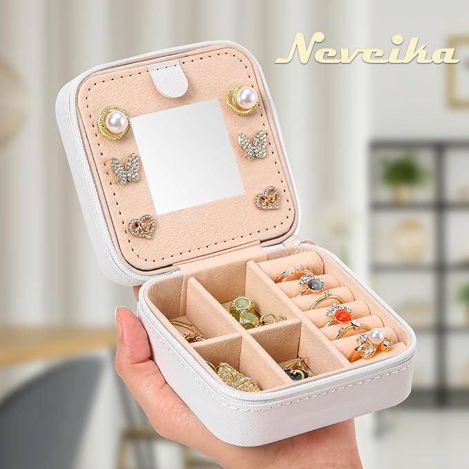 Neveika Jewelry Box with Mirror,Small Jewelry Organizer Box，Travel Jewelry Case for Women，Gift Jewelry Boxes for Female Girls (mirror white)