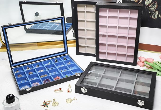 Stratalife Earring Organizer Velvet Jewelry Organizer Box Jewelry Display Storage Tray Ring Case with Clasp for Women 24 Grid (Pink Black)