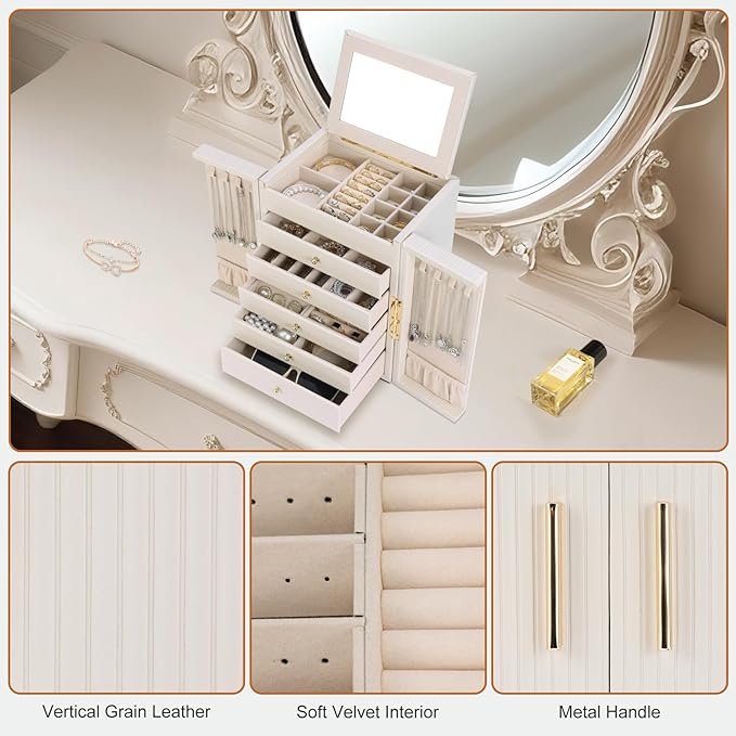Dajasan Large Jewelry Organizer Box, Jewelry Boxes for Women Girls, 6-Tier Jewelry Storage Organizer with Mirror for Necklace Ring Bracelet Watch, Gift Idea (Beige)