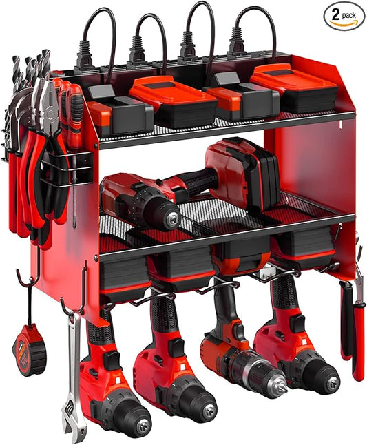 CCCEI Modular Power Tool Organizer Wall Mount with Charging Station. Garage Drill Storage Shelf with Hooks, Heavy Duty Rack, Tool Battery Holder Built in 8 Outlet. Gift for Men. Red, 2 Pack.