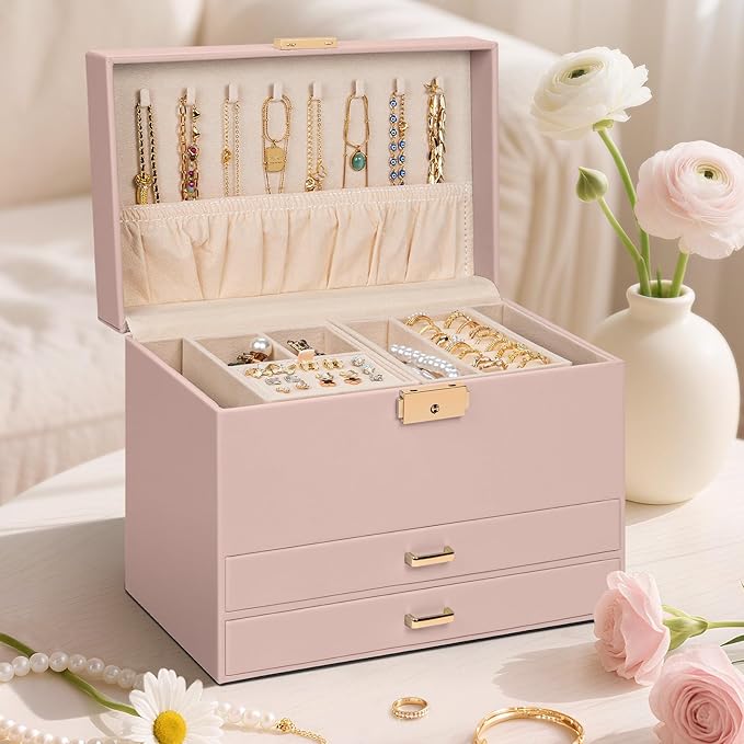 AKOZLIN Travel Jewelry Box Organizer Functional 2-trays Leather Jewelry Storage Case with Lockable Portable 2 Drawers for Women Girls Ring Necklace Earring Bracelet