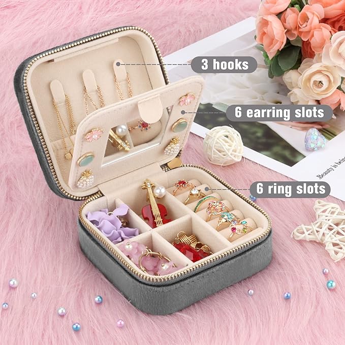 DesignSter Travel Jewelry Box - Velvet Mini Jewelry Organizer, Small Jewelry Case for Girls Women, Jewelry Storage Box for Rings Earrings Necklace (Square, Cool Gray)