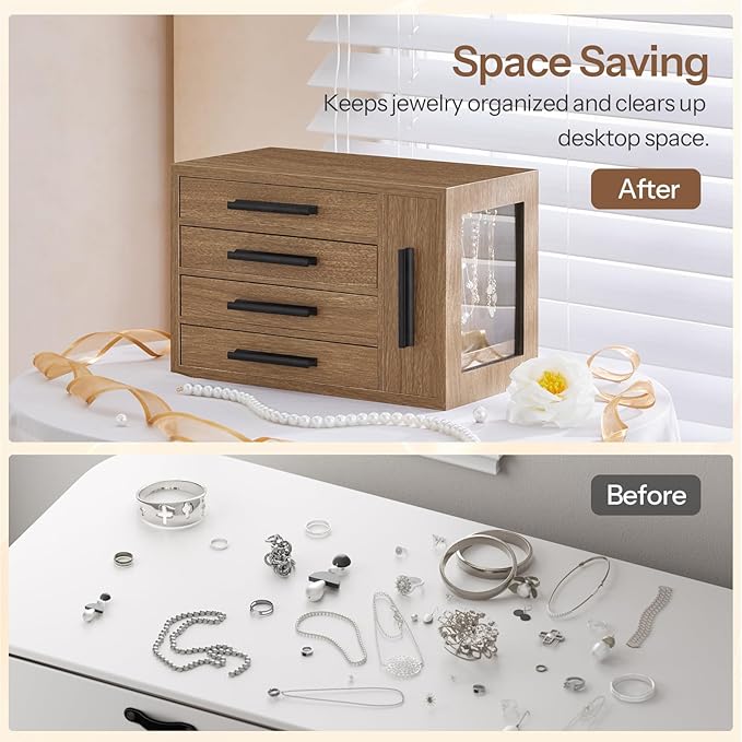 HOOBRO Jewelry Box for Women, Wooden Jewelry Organizer with Transparent Window, 4-Layer Jewelry Organizer Box, Jewelry Holder Organizer for Earrings, Necklaces, Rings, Light Walnut and Black BSD09JB04
