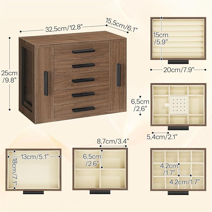 HOOBRO 5-Tier Jewelry Box, Wooden Jewelry Organizer with Transparent Windows, Jewelry Storage Box with 2 Vertical Drawers, for Earring, Necklace, Bracelet, Ring, Watch, Walnut and Black BH19JB04