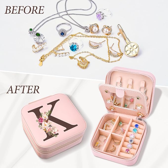 Inngeroo Christmas Gifts for Mom from Daughter Son, Personalized Birthday Giftware for Women, Mother Day Mom Gifts Small Travel Jewelry Box Travel Jewelry Organizer with Mirror, Initial K