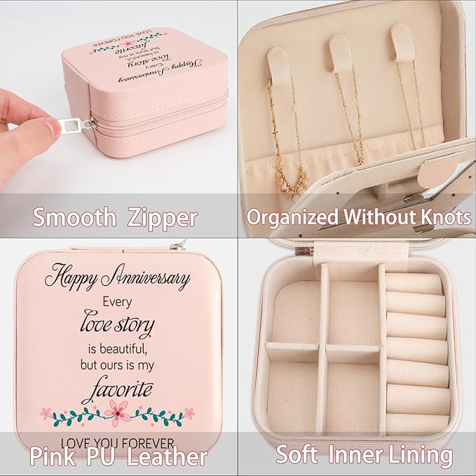 Wedding Anniversary Keepsake Gift for Her Wife Girlfriend Romantic Happy Anniversary Marriage Gift for Women Pink Portable Travel Jewelry Box with Mirror Jewelry Display Case Holder Organizer
