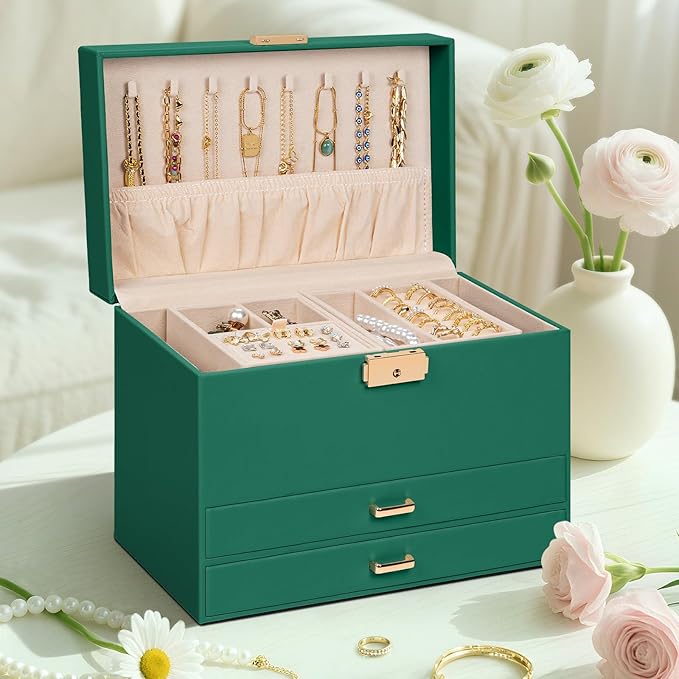 AKOZLIN Travel Jewelry Box Organizer Functional 2-trays Leather Jewelry Storage Case with Lockable Portable 2 Drawers for Women Girls Ring Necklace Earring Bracelet