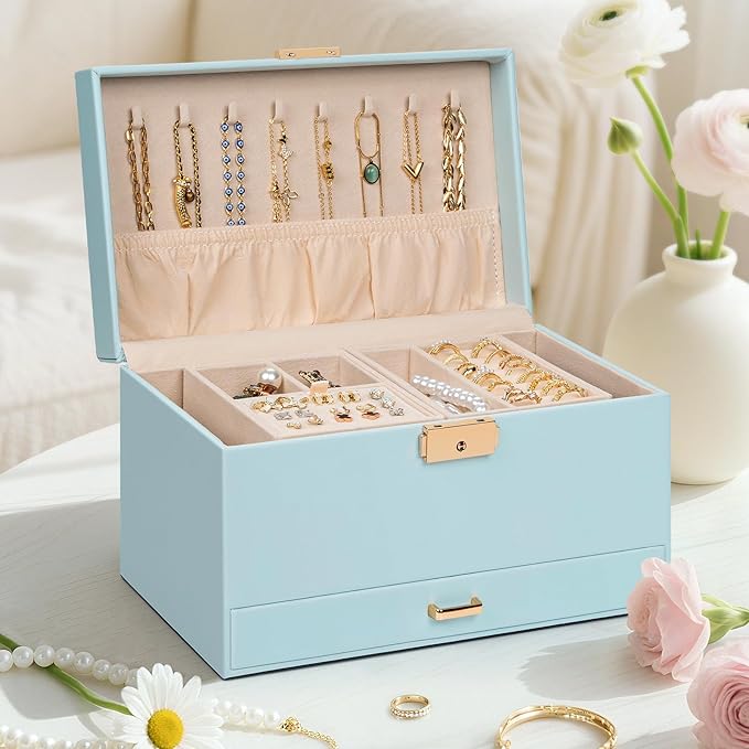 AKOZLIN Travel Jewelry Box Organizer Functional 2-trays Leather Jewelry Storage Case with Lockable Portable Drawer for Women Girls Ring Necklace Earring Bracelet