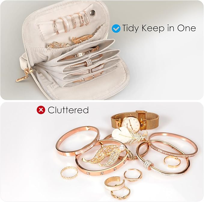 SITHON Small Travel Jewelry Case with Ring Holder, Mini Velvet Jewelry Pouch Bags, Compact Storage Organizer for Bracelet Necklaces Earrings Travel Essentials, Mother’s Day Gifts (Cream White)