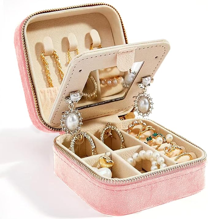 Smileshe Travel Velvet Jewelry Box with Mirror, Mini Gifts Case for Women Girls, Small Portable Organizer Boxes for Rings Earrings Necklaces Bracelets