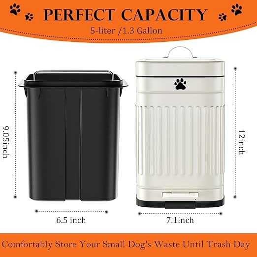 Dog Poop Trash Can Outside, 5L/1.3Gal Metal Dog Waste Trash Can with Lid, Foot Pedal, Pet Waste Container with 40 Bags, Poop Bucket with Lid Soft Close for Pet, White