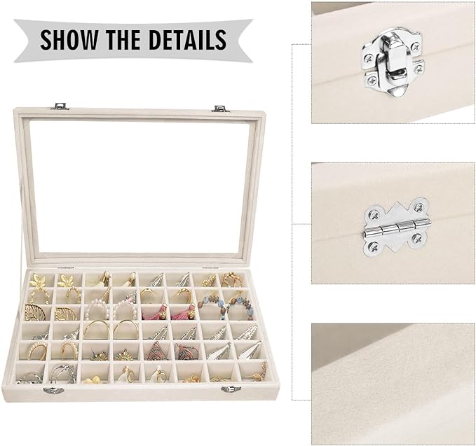 Siveit Velvet Jewelry Tray 48 Grid Jewelry Display Tray Organizer Box with Transparent Lid Rings Earrings Necklaces Pendants Display Box Suitable for Women and Girls (Beige)