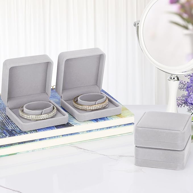 LETURE 4 Pieces Classic Velvet Bracelet Bangle Pendant Necklace Gift Box, Travel Jewelry Box Display Storage Case for Gift, Wedding, Engagement, Proposal, Birthday (4PCS Bracelet-GREY)