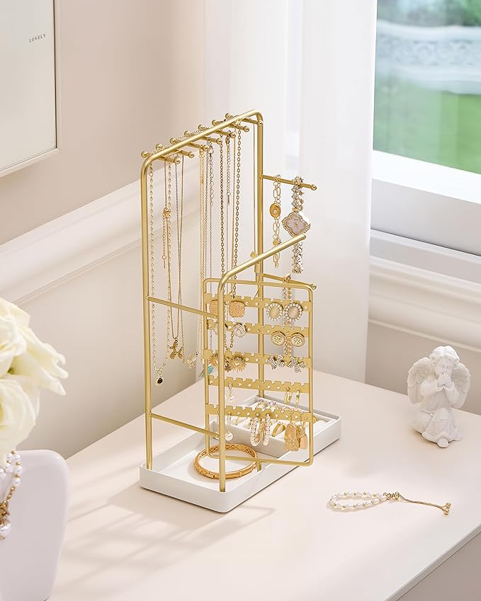 ProCase Jewelry Stand Holder Organizer, Jewelry Display Storage with Ring Tray, Rotating Earring Bracelet Necklace Holder, Valentine's Gifts Room Dorm Decor for Teen Girls -Gold (No-Assembly)