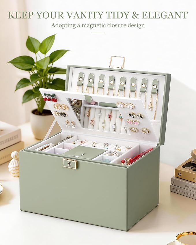 DesignSter Jewelry Box for Women Girl, 3-layer Lockable Jewelry Organizer with Mirror, Large Leather Jewelry Case for Earring Necklace Ring Bracelet Watch