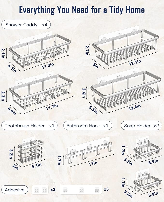 8 Pack Adhesive Rustproof Shower Shelves with Soap Dishes, Toothbrush Holder & Hooks, Large Capacity No-Drilling Shower Shelves Rack for Bathroom Organizers and Storage Accessories, Silver