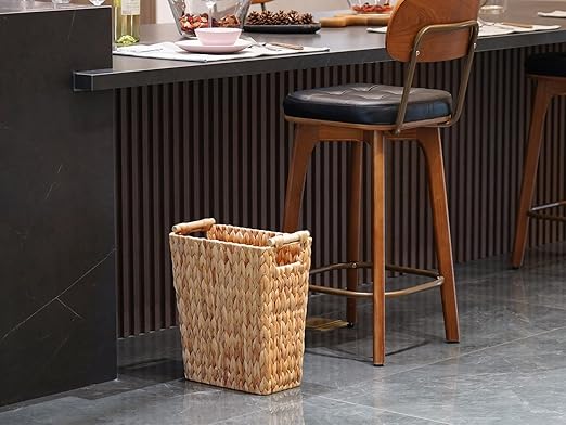 Coeusy 6 Gallon Wicker Trash Can with Wooden Handle,Wicker Waste Basket for Bathroom,Bedroom,Large Narrow Water Hyacinth Trash Basket,Rattan Boho Decor Farmhouse Bathroom Trash Can