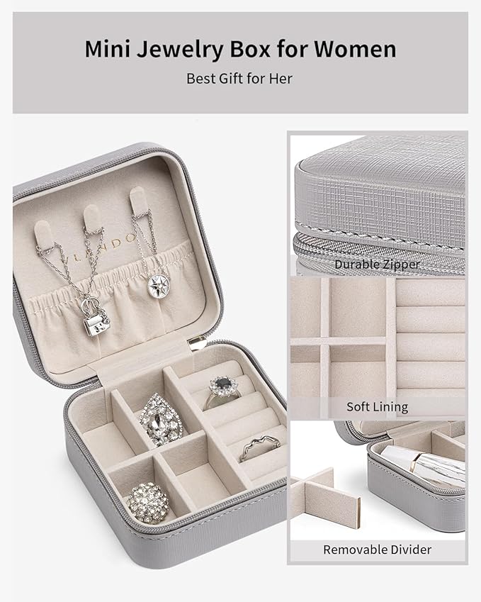 VLANDO Travel Jewelry Box, Small Jewelry Travel Organizer Case for Girls Women - Grey
