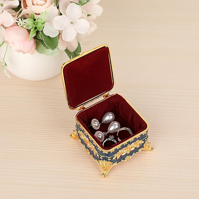 Hipiwe Vintage Metal Jewelry Box - Small Trinket Organizer Ring Box Case with Rose Pattern, Jewelry Storage Box for Ring Earrings Necklace, Keepsake Box for Women, 3"x3"x2.4"