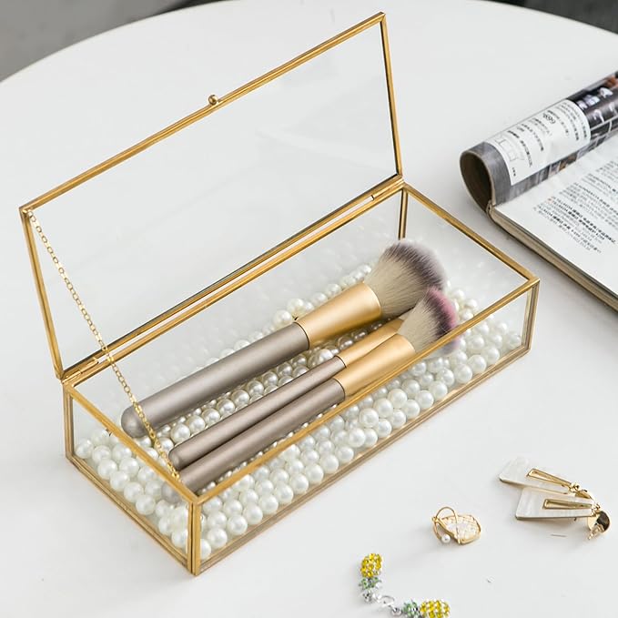 Glass Jewelry Box, Vintage Rectangle Gold Keepsake Box Organizer Box Vanity Lidded Box Home Decor Accent Decorative Box for Storage Trinket Rings Bracelet