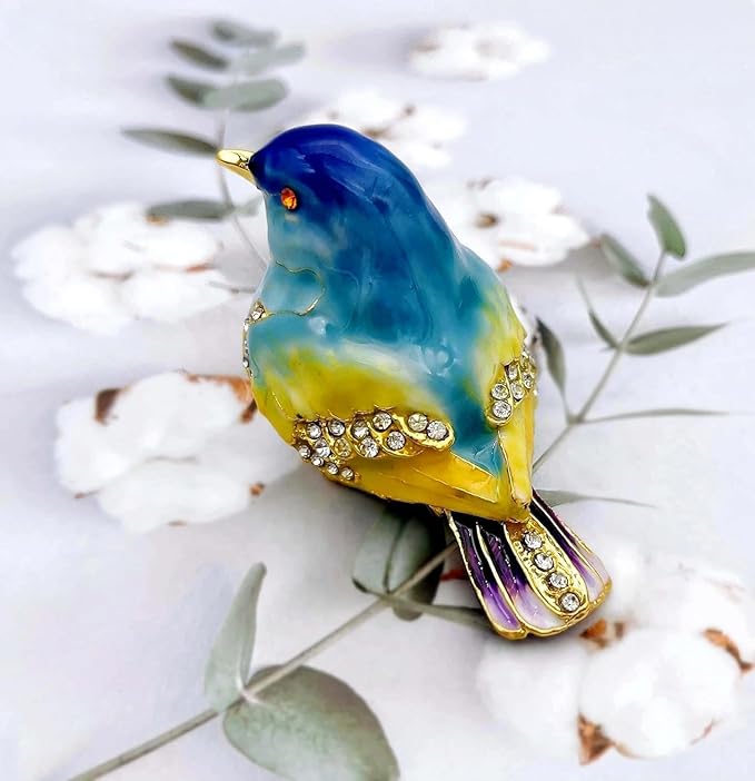 JWT Astyle Blue Mountain Bird Hinged Trinket Box with Crystal Stones .Animal Jewelry Box.Necklace Rings Earrings Storage.Bird Figurines Home Decor,Collectible Trinket Boxes Gift ., Blue Yellow