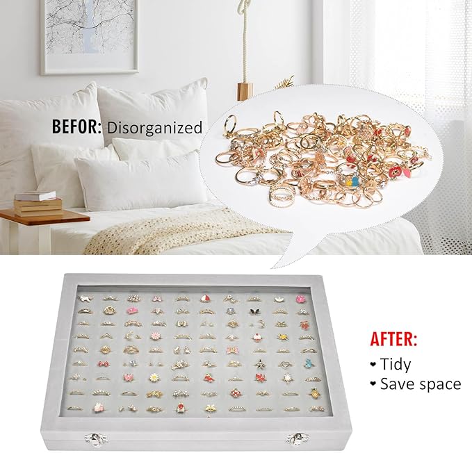Vicoter Rings Organizer Tray 100 Slot Velvet Ring Earring Storage Box TranSparent Cover Jewelry Store Ring Display Box Jewelry Display Cabinet for Girl Wife Mother