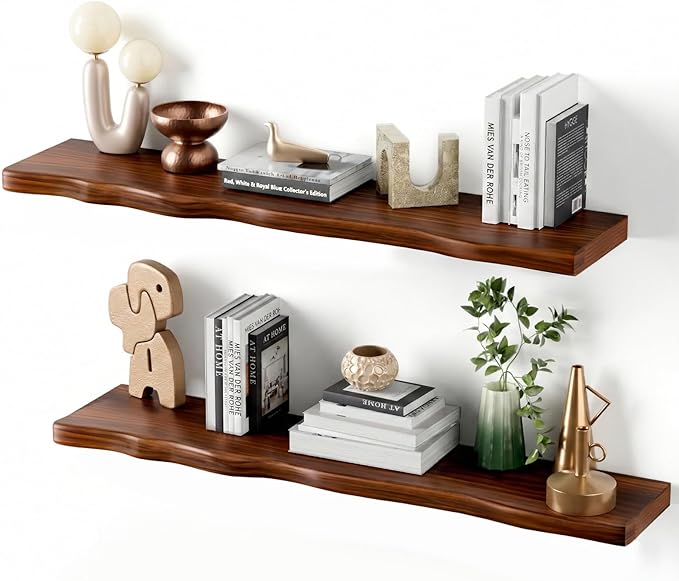 Floating Shelves for Wall Rustic Farmhouse 36 Inch Floating Shelf Bathroom Wooden Shelves for Wall Mounted Live Edge Pine Shelf with Unique Natural Grain for Living Room Bedroom Kitchen (Walnut)