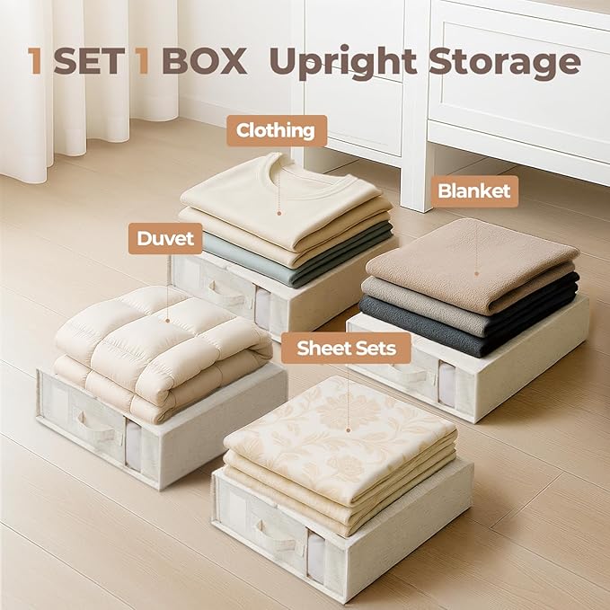 12Pack Linen Sheet Organizers for Linen Closet - King/Queen Size Bedding Storage Boxes with Clear Window | Foldable, Dustproof Sheet Storage Organizer for Blankets & Sheet Sets,Off-white