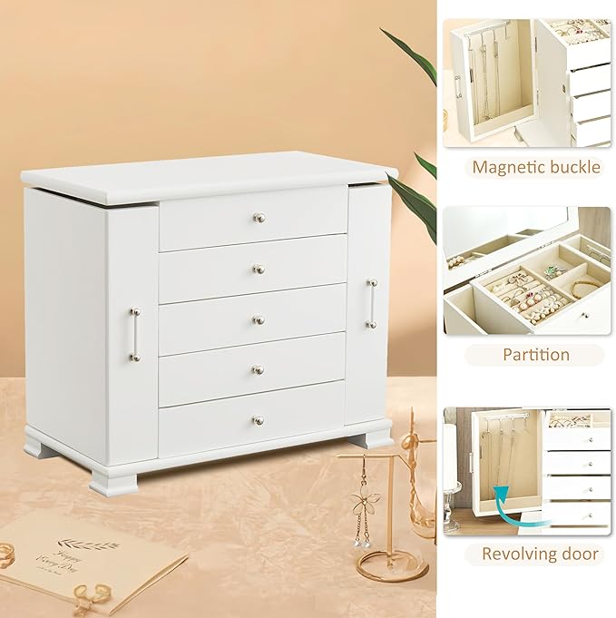 White 5 Layer Huge Jewelry Box,Top With Mirror Wooden Jewelry Organizer Box,With 8 Hook And Velvet Lining Antique Jewelry Box For Women,For Watch Necklace Ring Earring Storage Gifts