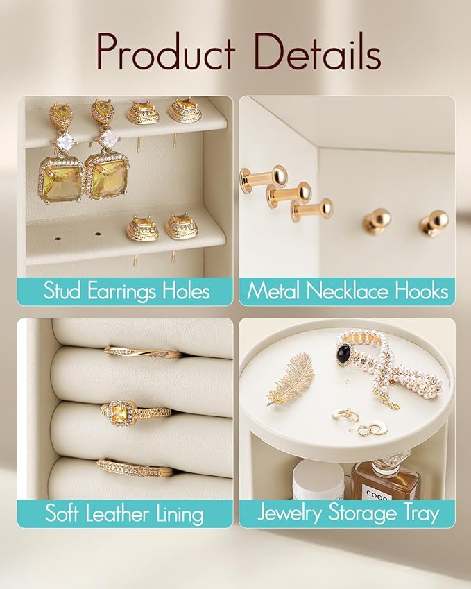 VLANDO 360°Rotating Jewelry Box,Earring Organizer Large Vertical Jewelry Organizer with 6 Necklace Hooks, Open Ring Display Storage for Women - Cream White