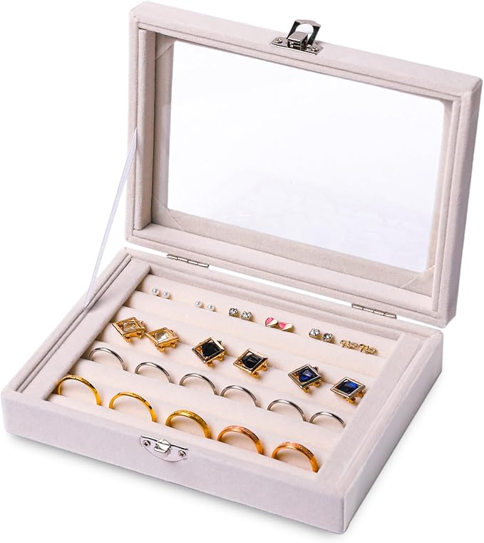 Frebeauty Rings/Earring Organizer Tray with Clear Lid,7 Slots Ring Box Velvet Ring Holder Drawer Insert Jewelry Storage Box Jewelry Display Case Jewelry Box Gift for Women and Girls(Beige,7 Slots)