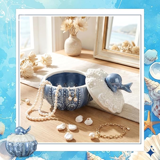 Kenning Ceramic Jewelry Box, Vintage Decorative Trinket Box with Lids Jewelry Gift Organizer for Earrings Rings (Whale)