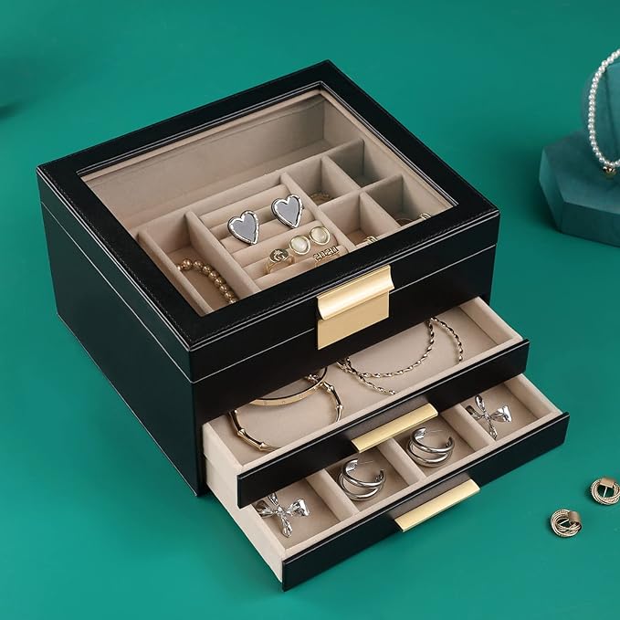 Somduy Jewelry Box Organizer for Women,3 Layers Jewelry Storage Display Box with Glass Lid,Gift for Christmas,3 Drawers,Large Capacity for Necklace Earrings Bracelets Rings,Black