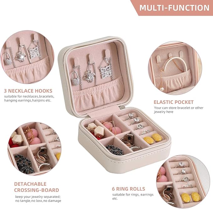 Mini Jewelry Travel Case,Small Travel Jewelry Organizer,Travel Portable Jewelry Case for Ring, Pendant, Earring, Necklace, Bracelet Organizer Storage Holder Boxes (White)