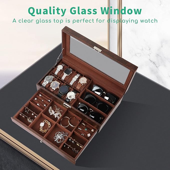 TomCare Watch Box 2-Tier Watch Case Jewelry Organizer Box with Thick Glass Lid Lockable Watch Organizer Jewelry Display Holder Sunglass Rings Necklaces Bracelets Storage Organizer for Men Women,Brown