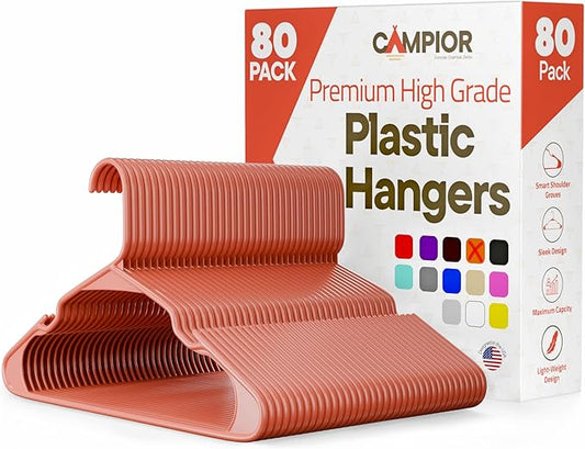 Plastic Clothes Hangers – Heavy Duty Hanger Set, for Organizing Clothes, Dresses, and Coat, Holds Up to 5 lbs, Space-Saving Hangers with Non-Slip Shoulder Grooves, Pack of 80, Brown