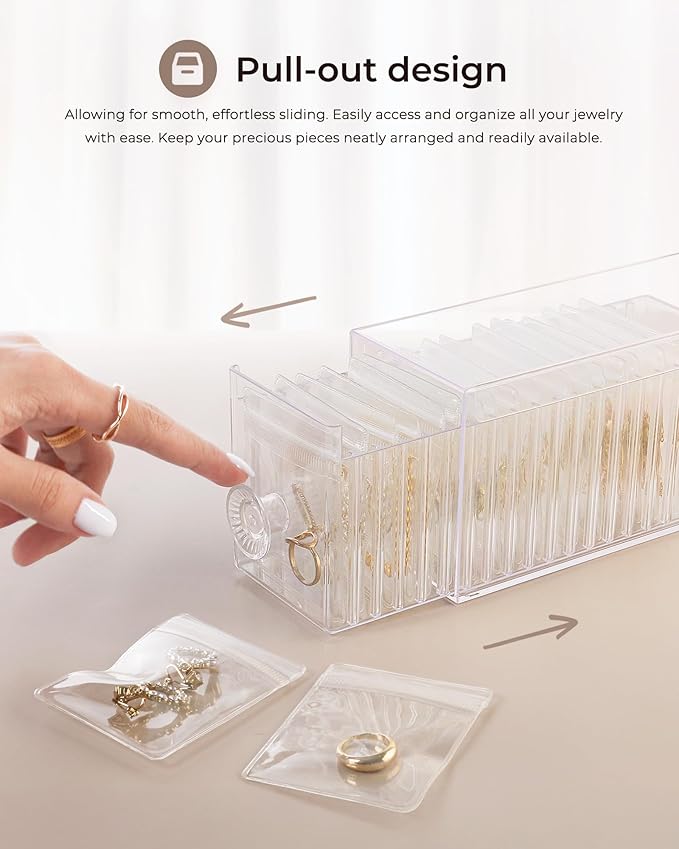 HOMEHIVE Clear Acrylic Jewelry Organizer Box with 20 Portable Pouches, Jewelry Storage Case for Women Girls, Tangle-Free, Anti-Tarnish, Compact Storage for Necklaces/Earrings/Rings, Upgraded Clear