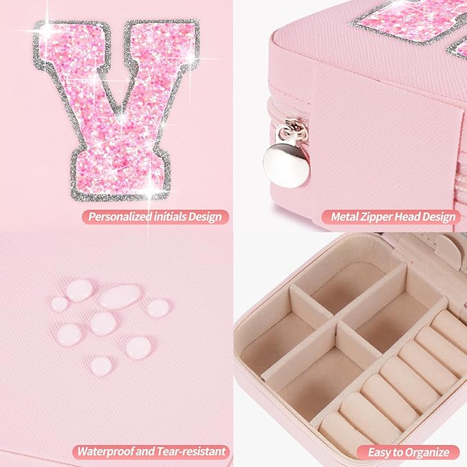 Uygafly Personalized Jewelry Case for Women Girls - Fashion Mini Jewelry Boxes - Trendy Travel Jewelry Organizer with Initials Letter - Teen Gifts | Pink,V