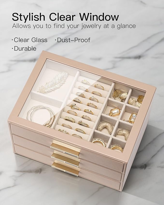 VLANDO 3 Layer Jewelry Box for Women, Mothers Day Gifts for Women, Glass Lid Jewelry Organizer with 3 Drawers for Necklaces Rings Earrings Bracelets - Toffee