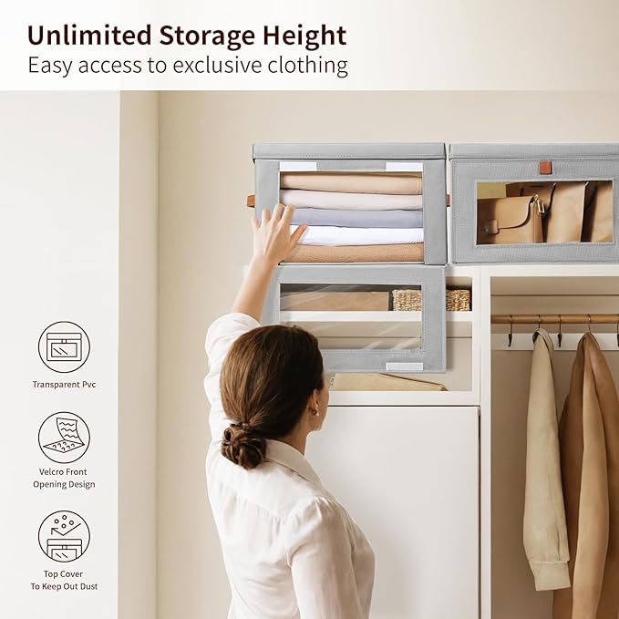 Homsorout Small Fabric Storage bins - Collapsible Storage Bins with Open Window, 4 Pack Closet Baskets for Shelves, Stackable Decorative Boxes for Home, Dorm, Grey, 13.7"x 9.8" x 9.8"