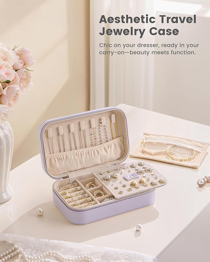 Lolalet Travel Jewelry Case for Women Girls, PU Leather Jewelry Organizer with Clear Storage Bag Small Portable Jewelry Box for Necklace Bracelet Earring Ring Mothers Day Birthday Gifts -Medium/Purple