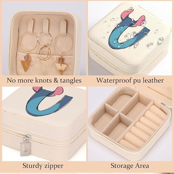 LONGXIN Cute Cartoon Gifts, Initial Travel Jewelry Case Small Jewelry Box Organizer, Personalized Gifts for Women Teen Girls, Birthday Christmas Gifts for Cartoon Lovers, Letter U