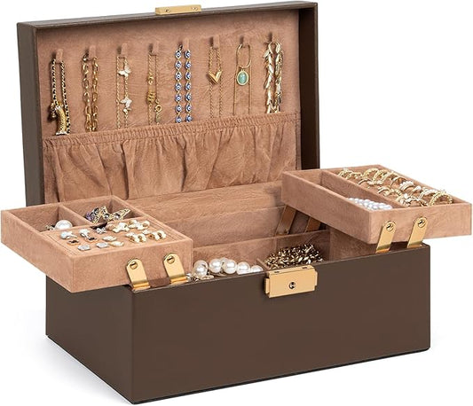 AKOZLIN Travel Jewelry Box Organizer Functional 2-trays Leather Jewelry Storage Case with Lockable Portable for Women Girls Ring Necklace Earring Bracelet