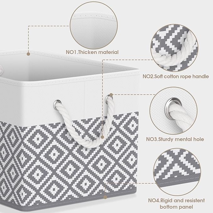 StorageTastic Storage Bins, 3-Pack Large Storage Box with Rope Handles, Collapsible Storage Basket for Organizing Books, Clothes, Rhombic Grey