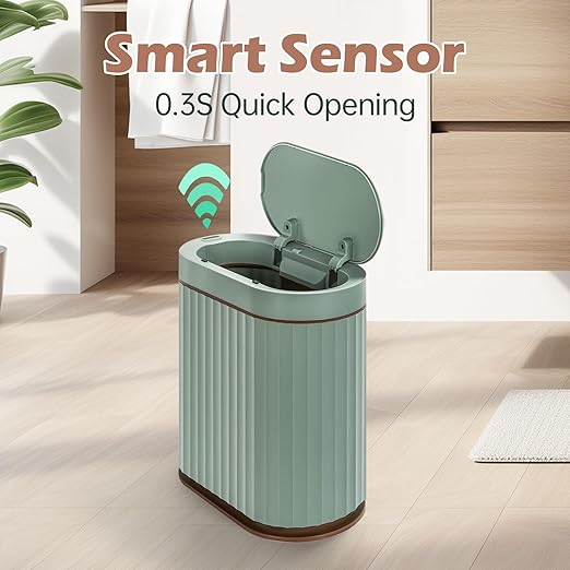 ELPHECO Bathroom Trash Can with Automatic Lid, 2 Gallon Sensor Trash Bin, Smart Garbage Can, IPX5 Waterproof Slim Trash Bin, Motion Sensor Wastebasket for Office, Kitchen, Sage Green Gold