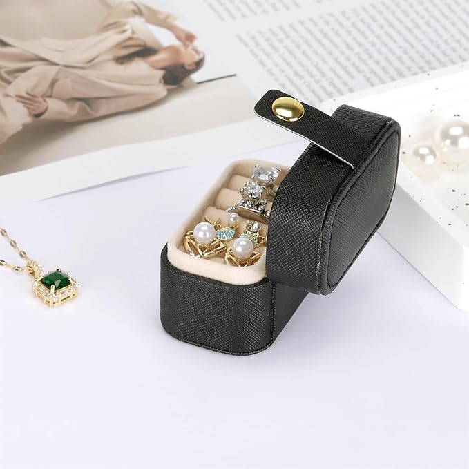 KUKUVR Small Travel Jewelry Box For Ring Stud Earring, Mini Jewelry Ring Holder for Multiple Rings, Portable Jewelry Storage Organizer Case (Black)