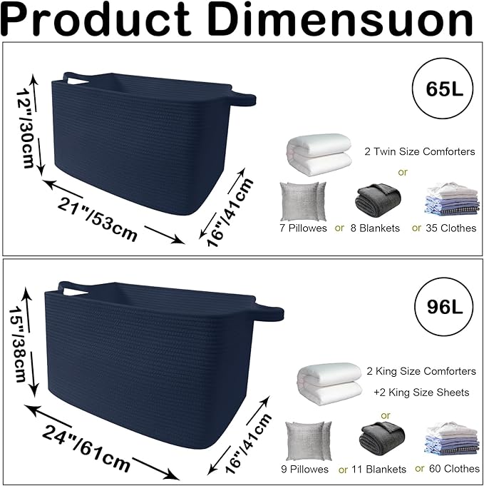 Large Blanket Basket,Woven Rope Basket Storage Bin with Handles,65L Rectangle Laundry Basket for Magazines,Toys,Clothes,Newspaper Shelf Organization,Nursery and Living Room,Navy